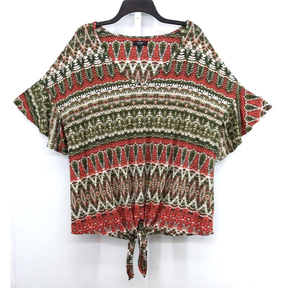 Cocomo Shirt Womens Size 2X Orange Green Geometric Tie Knot Front V-Neck Blouse